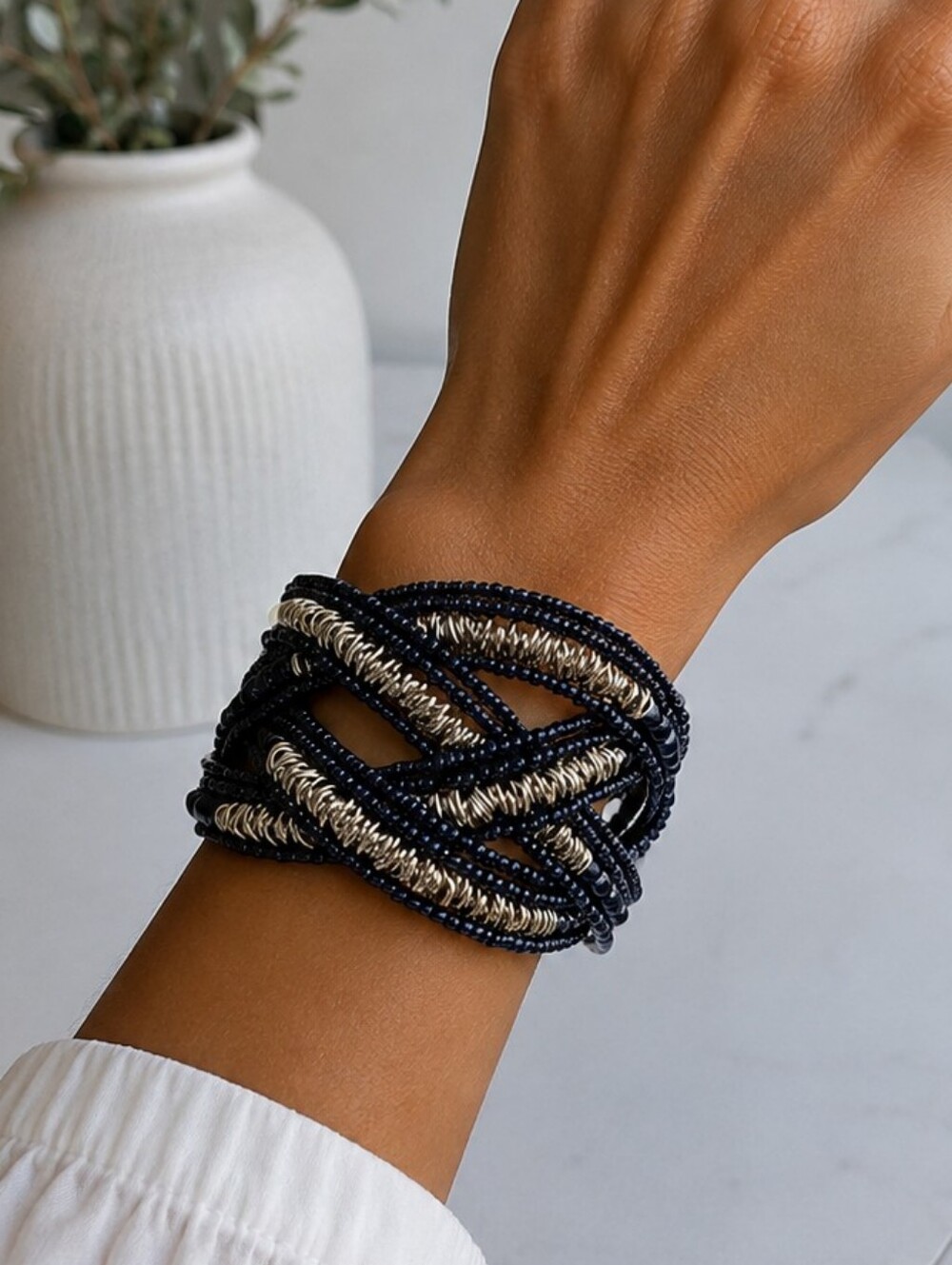 💎 Black Silver Beaded Braided Statement Cuff Bracelet Wide Multi Strand